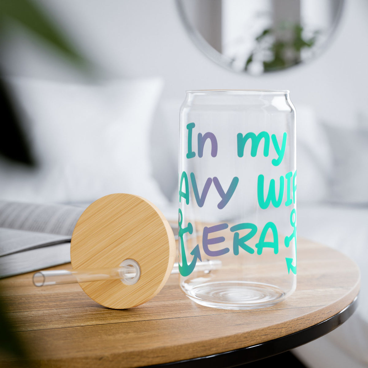 In My Navy Wife Era Glass Cup | 16oz Glass Cup with Bamboo Lid & Straw