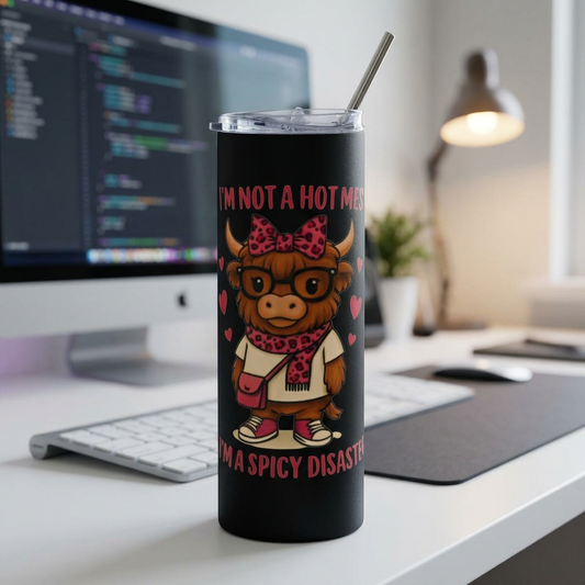 20oz Stainless Tumbler — “I’m Not a Hot Mess, I’m a Spicy Disaster” Cute Cow Design