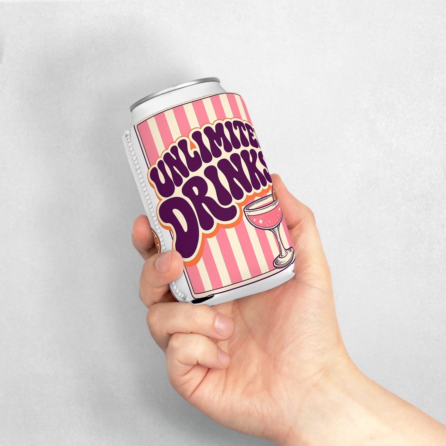 Unlimited Drinks Can Cooler Sleeve — Retro Pink Cocktail Koozie