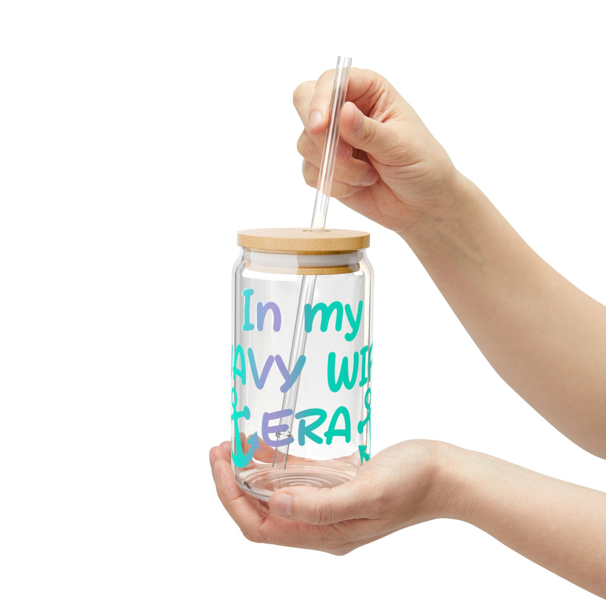 In My Navy Wife Era Glass Cup | 16oz Glass Cup with Bamboo Lid & Straw