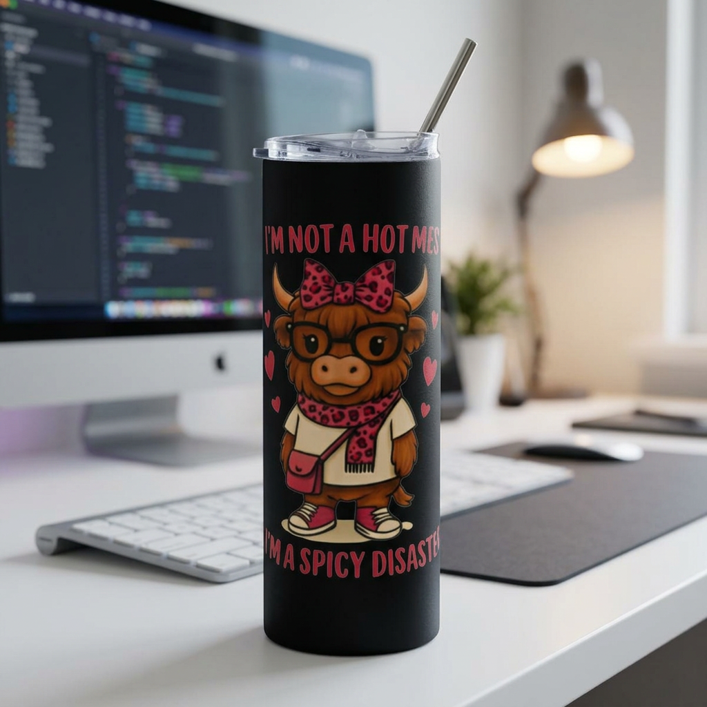 20oz Stainless Tumbler — “I’m Not a Hot Mess, I’m a Spicy Disaster” Cute Cow Design