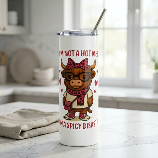 20oz Stainless Tumbler — “I’m Not a Hot Mess, I’m a Spicy Disaster” Cute Cow Design