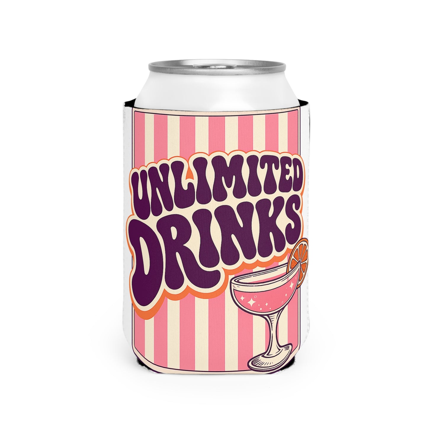 Unlimited Drinks Can Cooler Sleeve — Retro Pink Cocktail Koozie