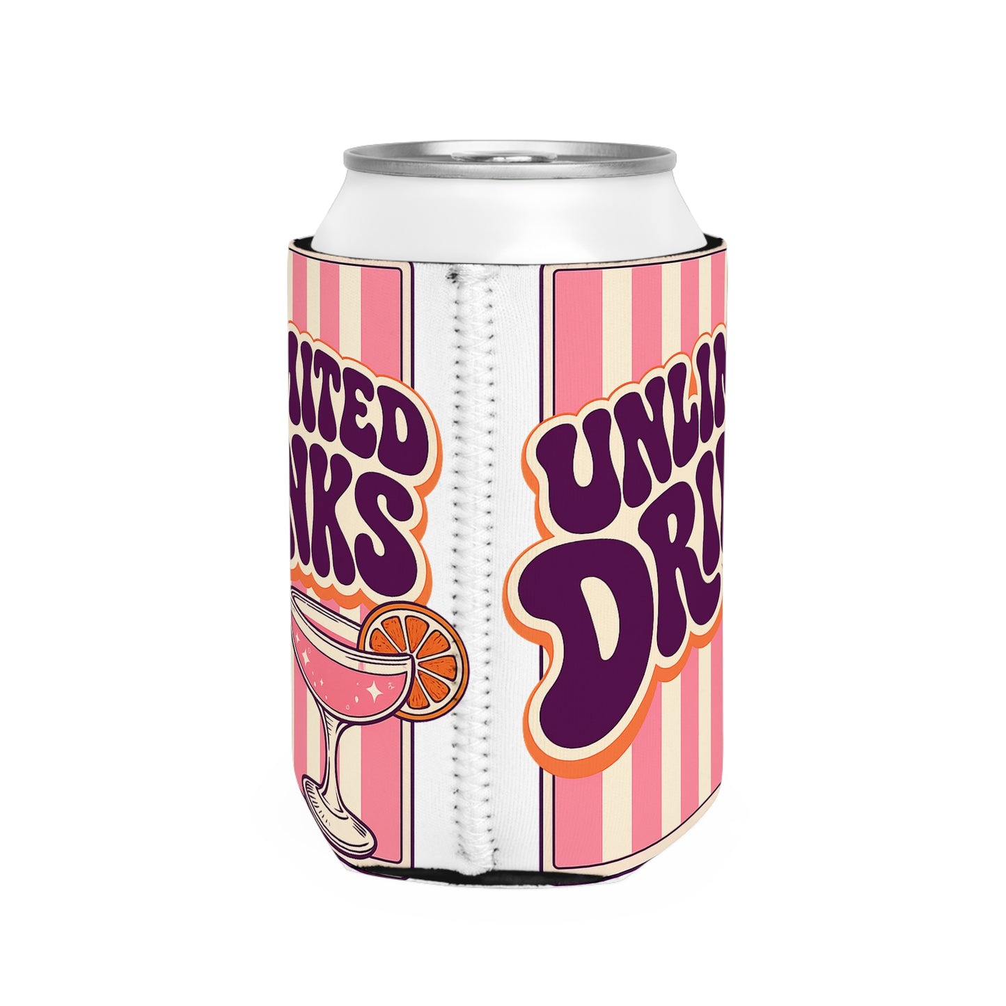Unlimited Drinks Can Cooler Sleeve — Retro Pink Cocktail Koozie