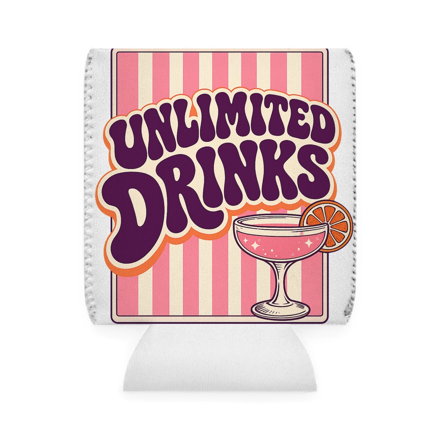 Unlimited Drinks Can Cooler Sleeve — Retro Pink Cocktail Koozie