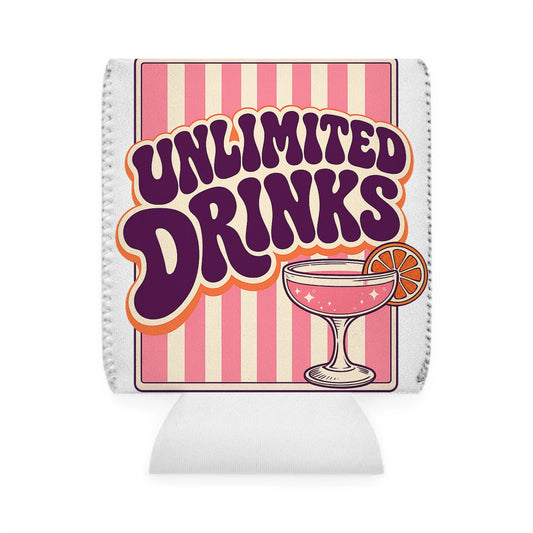 Unlimited Drinks Can Cooler Sleeve — Retro Pink Cocktail Koozie