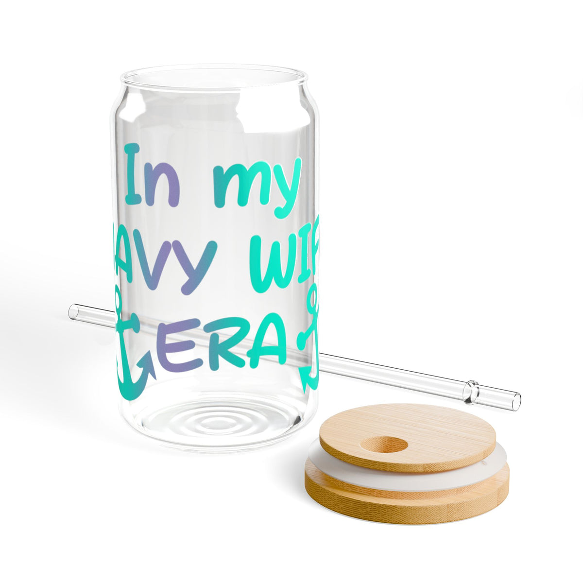 In My Navy Wife Era Glass Cup | 16oz Glass Cup with Bamboo Lid & Straw